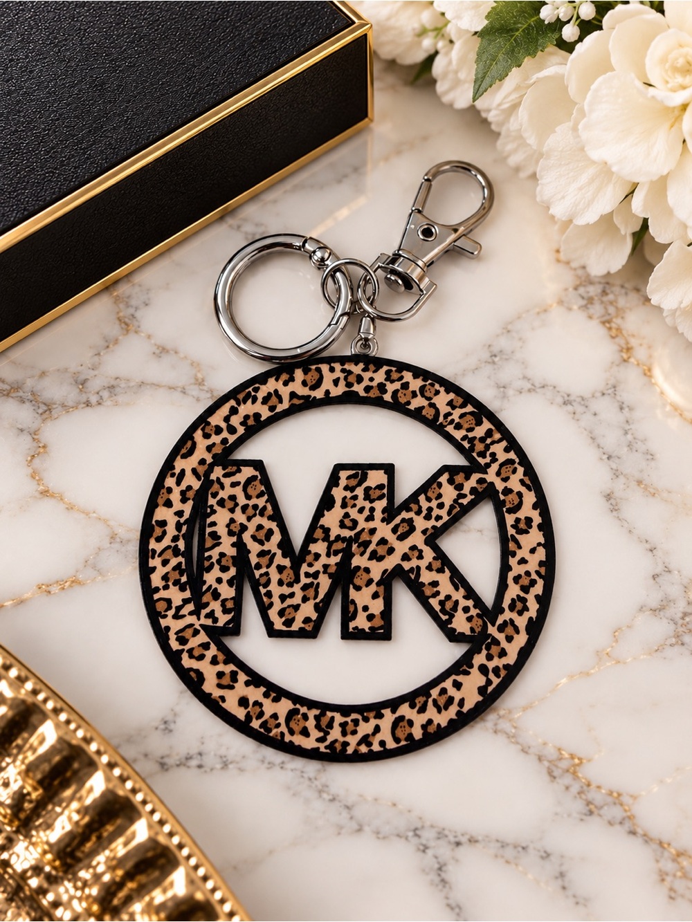 Handcrafted Leopard MK Style Bag Charm Keychain | Silver Hardware